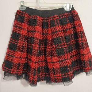 Girls Red & Black Plaid Tweed Pull on Skirt Double Lined Sz7-8 Sparkley Holiday